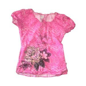 Pink Peaches Uniforms Floral Short Sleeve Blouse S